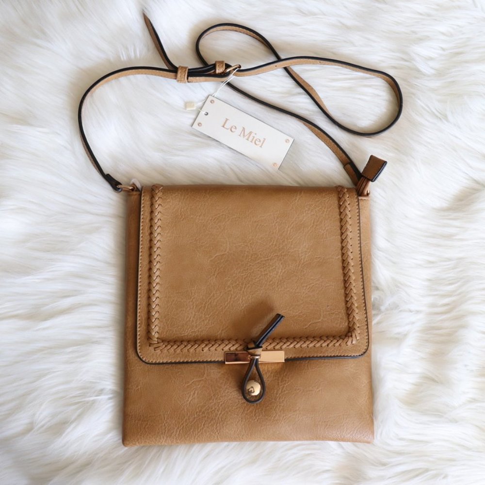 LA MIEL Tan Crossbody Bag with Gold Hardware